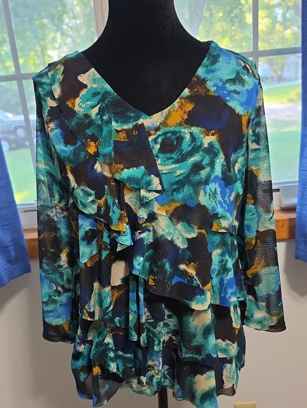 dressbarn Teal Floral Ruffle V-Neck Blouse with Gold Accents